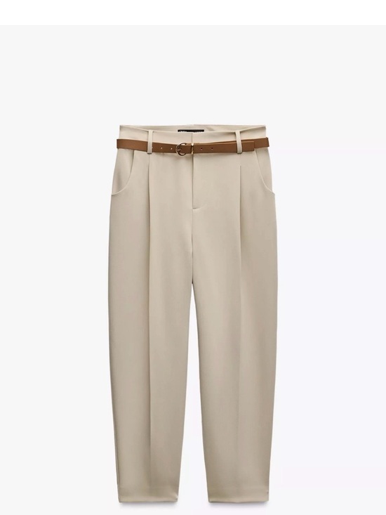 Zara Pants - Zara Cream Cropped Pleated Trousers with Tan Belt